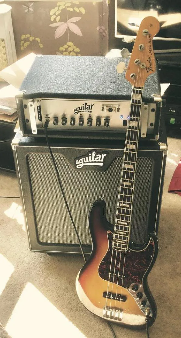 Jack's 1971 Fender Jazz bass with an Aguilar amplifier head and cabinet